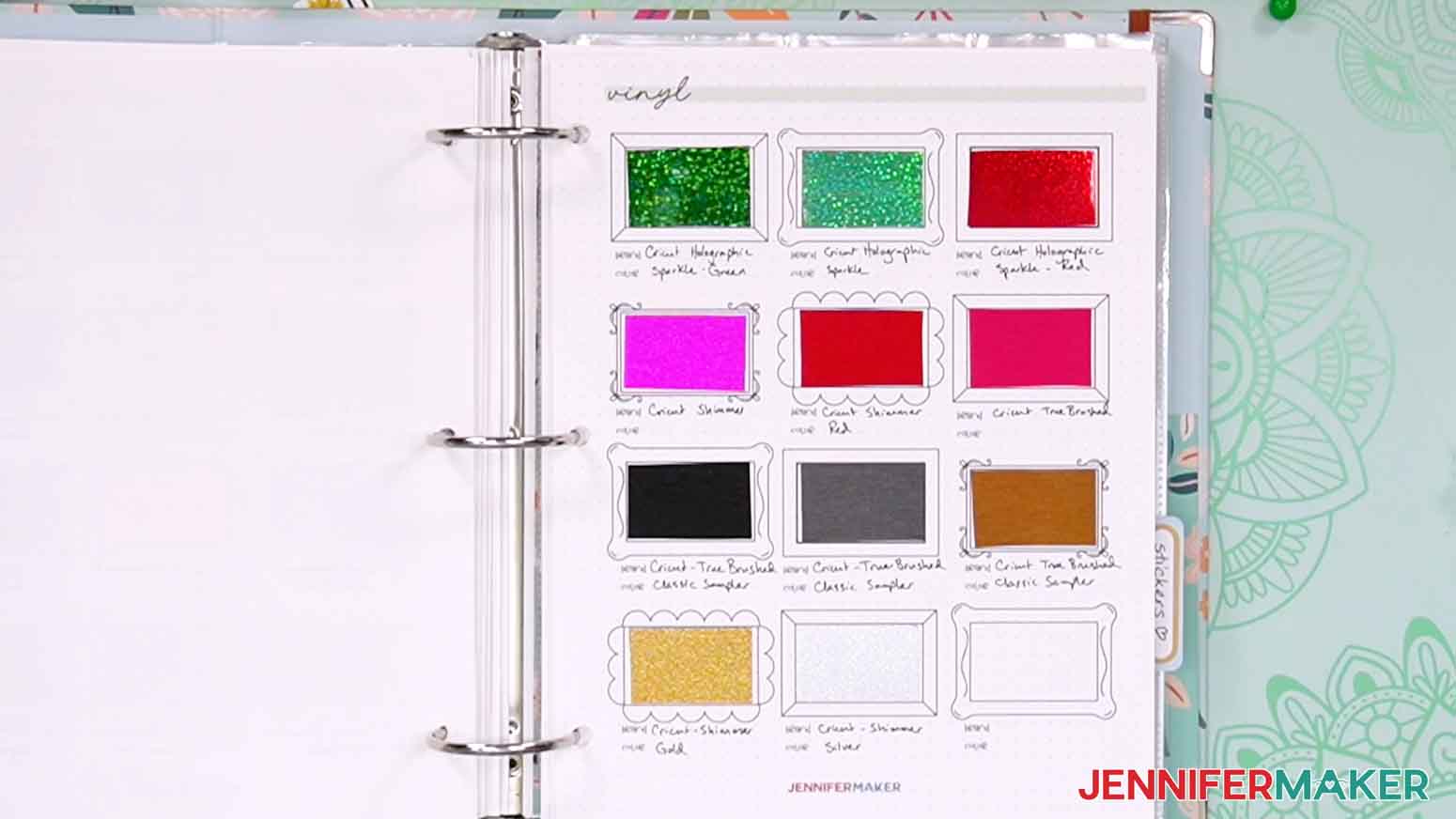 Cut pieces of each material like vinyl and stick or tape them in the frames for a quick reference