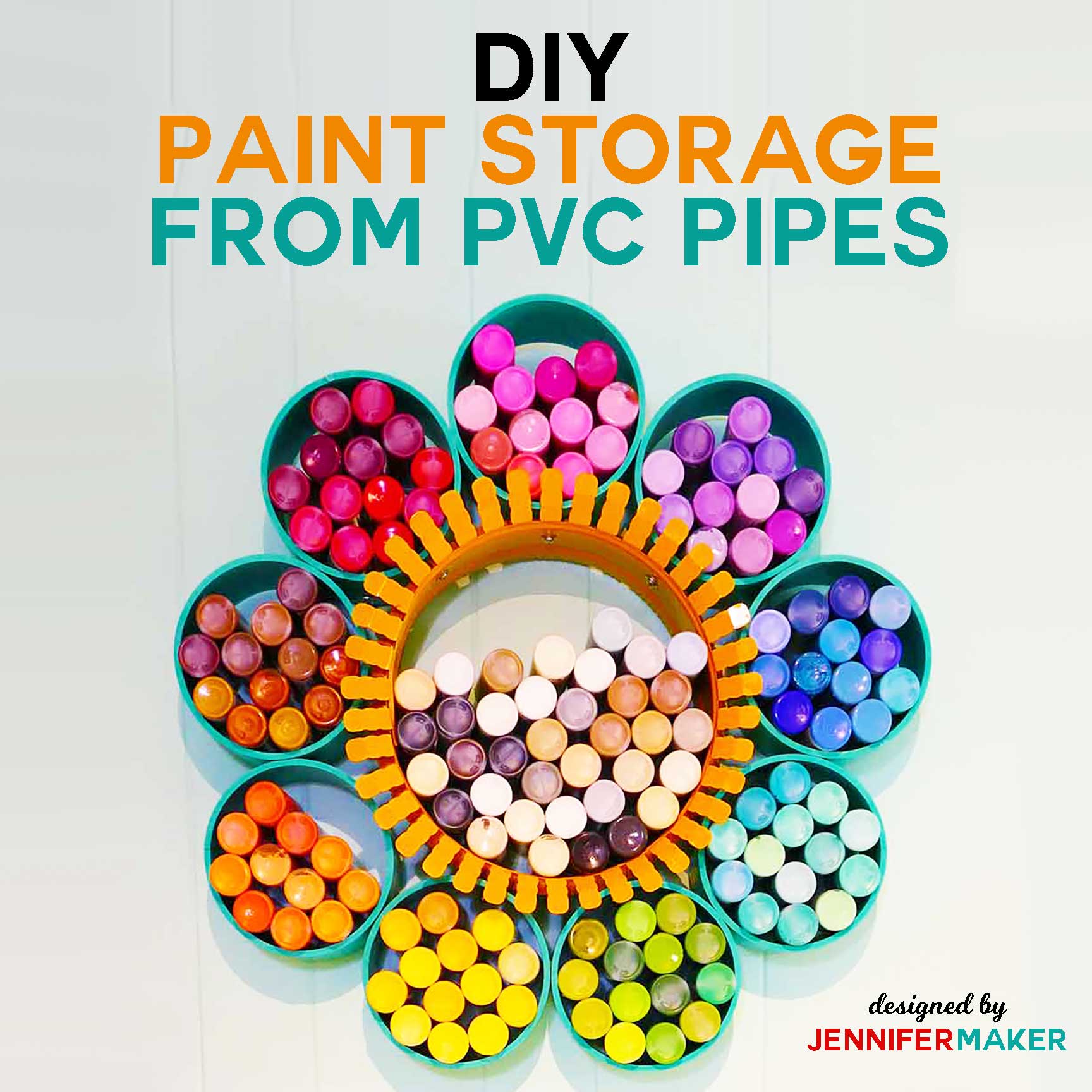 How to Make a Craft Paint Storage Organizer from PVC Pipe and a Duct Collar RIng with this full photo tutorial | #craftroom #storage #organization