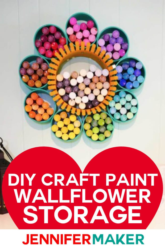 This craft paint storage organizer is designed to look like a flower to store all of your favorite craft paints. I have included a step by step tutorial to create your own wallflower out of PVC. #diy #tutorial #craftprojects #craftroom