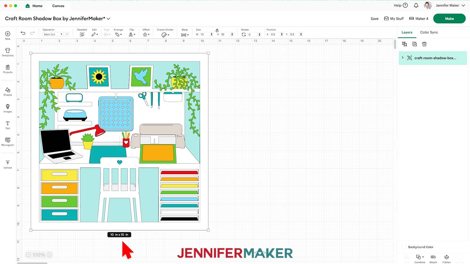 The Craft Room Shadow Box SVG uploaded to the Cricut Design Space canvas and measuring 10 inches wide by 10 inches tall.