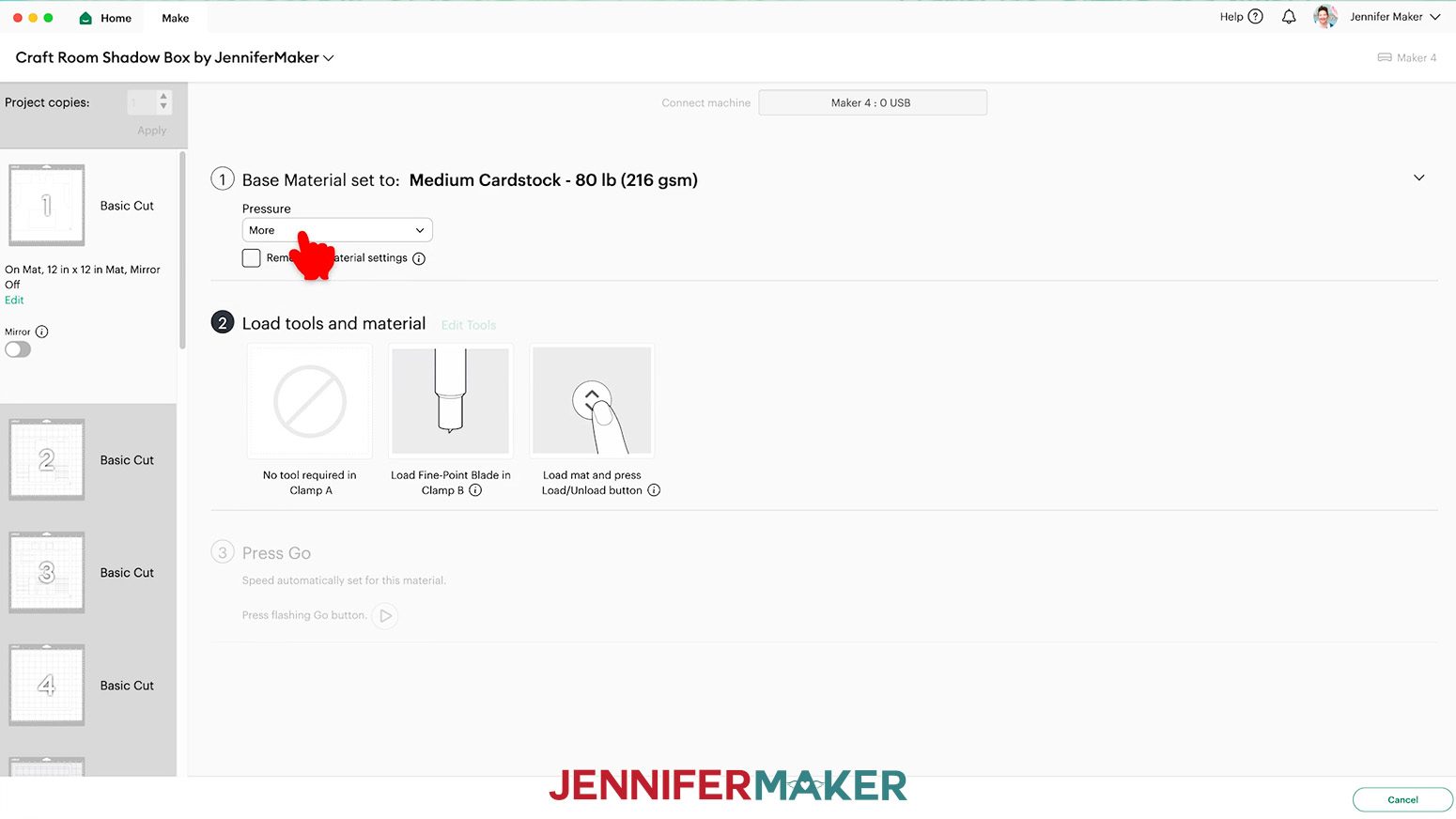 Set the base material to "Medium Cardstock - 80 lb" and select More for the pressure.
