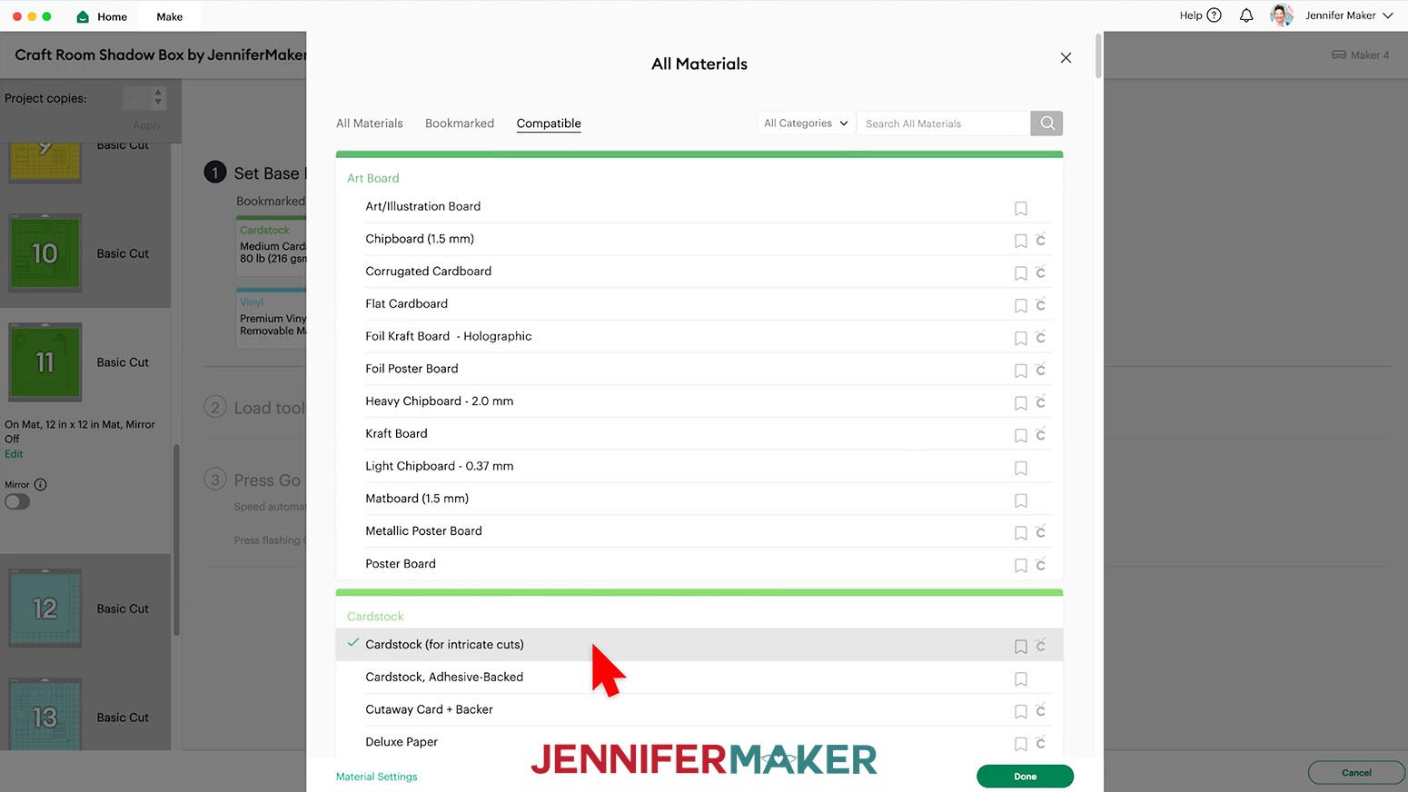 Select the material setting for "Cardstock (for intricate cuts).