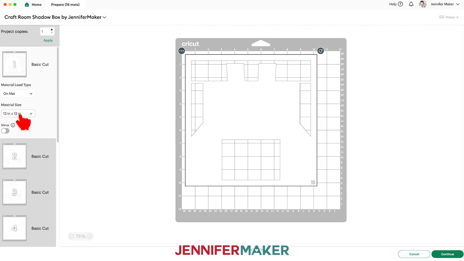 On the Prepare screen, select "12 in x 12 in" for the material size on all of the mats.