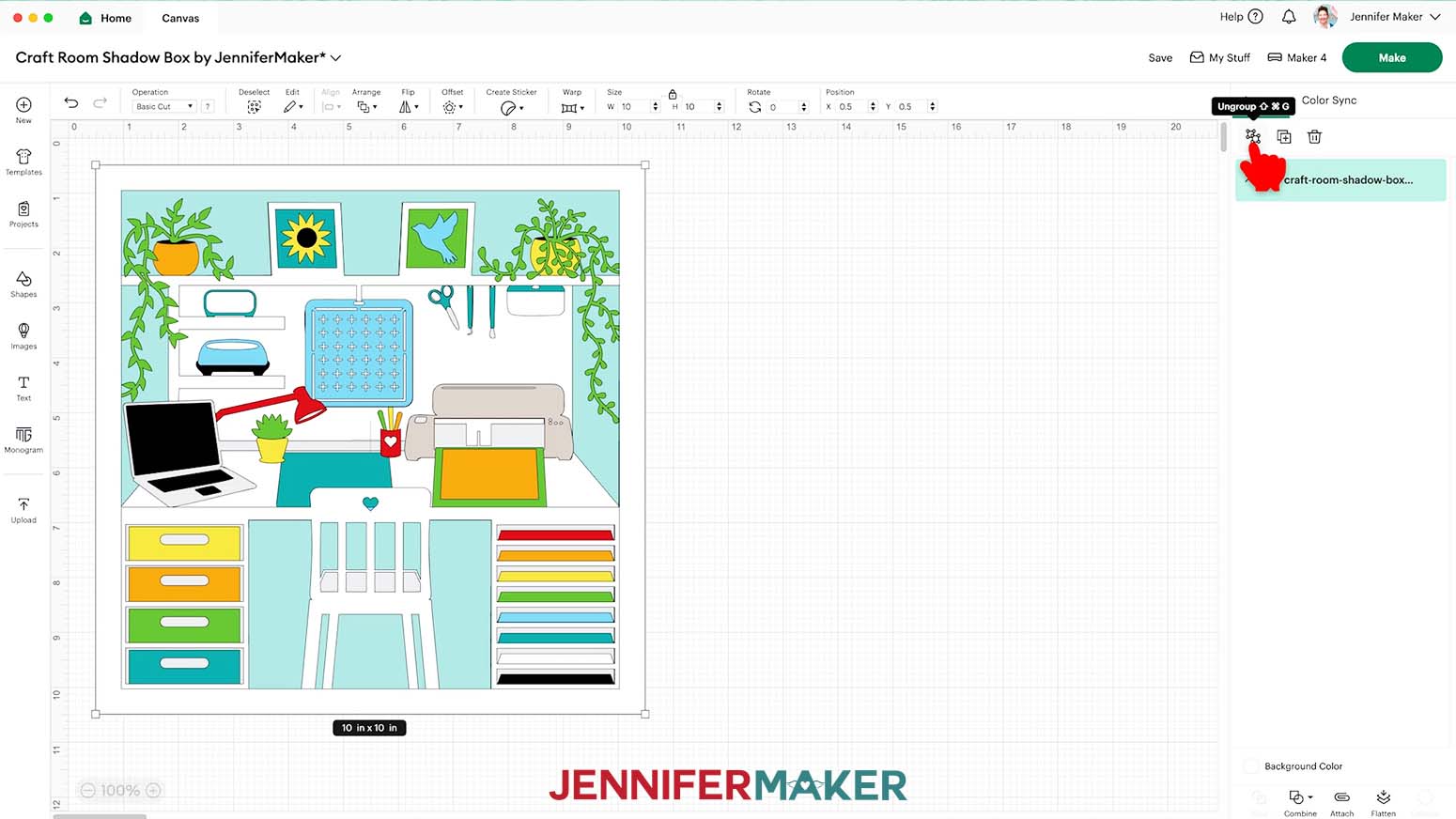 With the design selected, click on the Ungroup icon above the Layers panel.