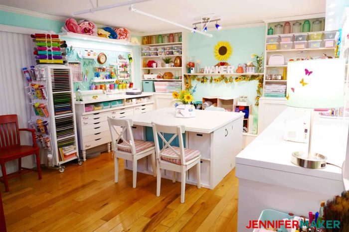 The entrance to a pretty, well-lit, and ORGANIZED craft room designed by JenniferMaker