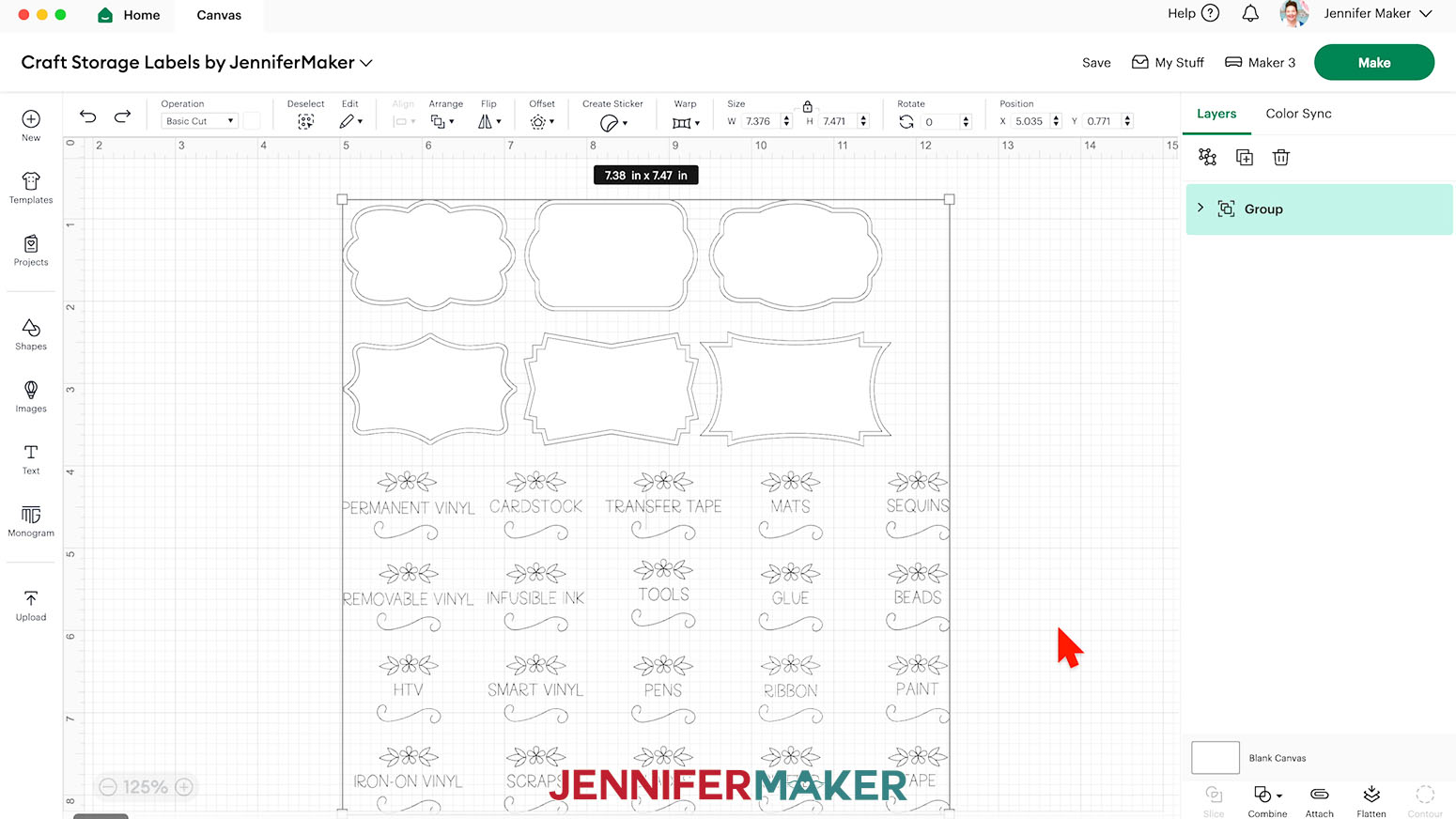 Craft storage labels SVG uploaded to the Cricut Design Space canvas measuring 7.38" x 7.47".