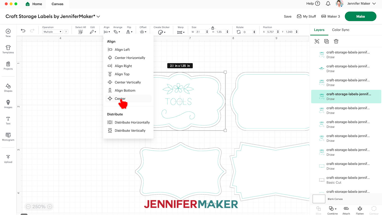 Drag the word design over the label shape and select all three layers. Thenm click Align and select Center from the dropdown menu.