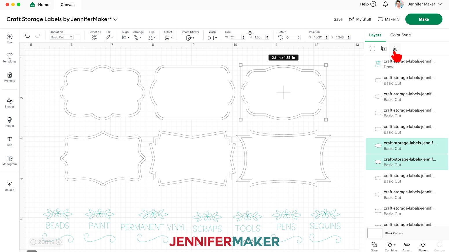 Select the shapes that aren't needed and click the delete icon to remove them from the canvas.