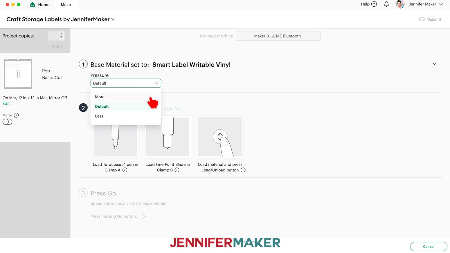 On the Make screen, seelct the Smart Label Writable Vinyl material option and choose More from the Pressure dropdown.