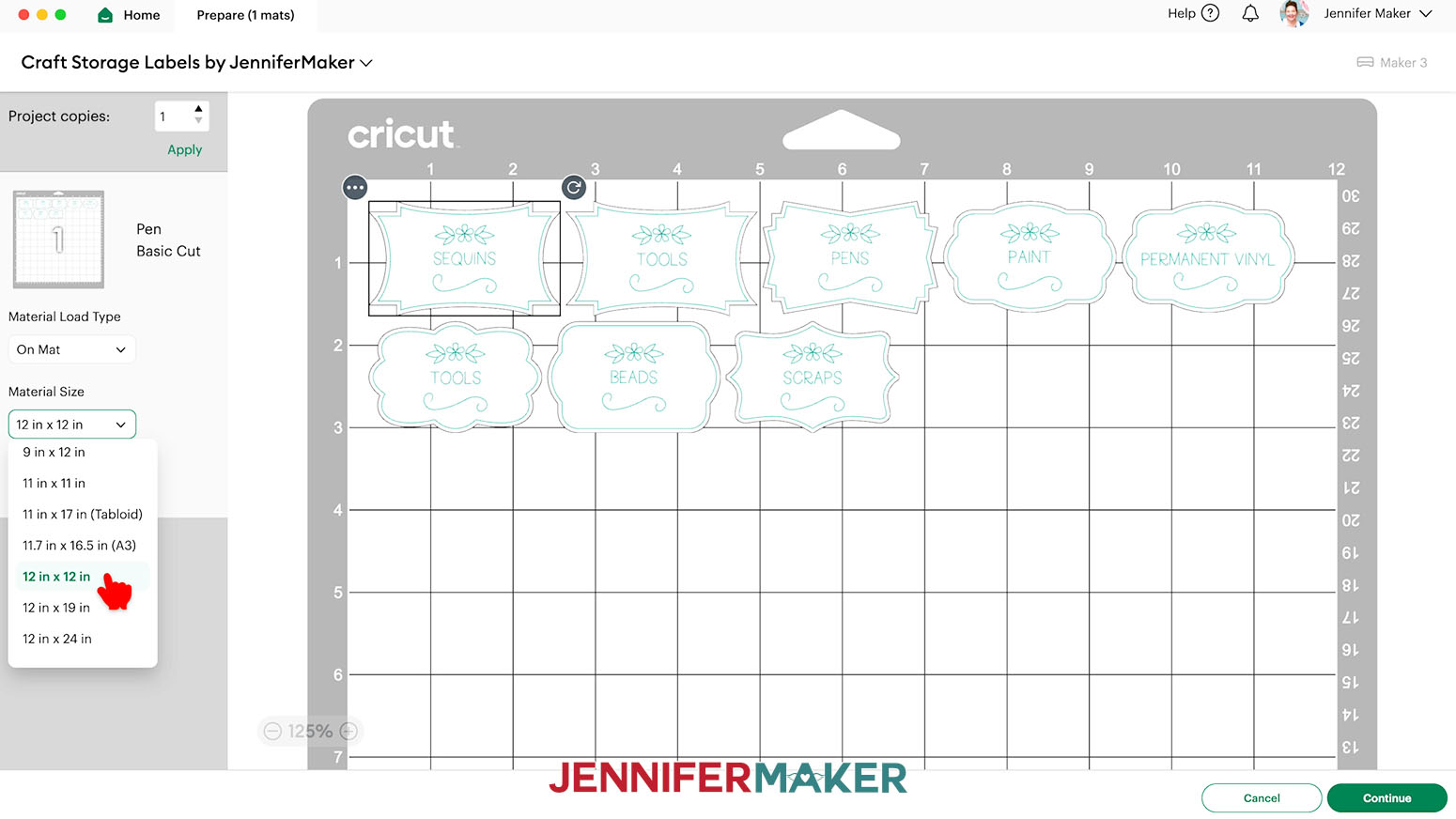 On the Prepare screen, select 12 in x 12 in the dropdown menu for Material Size.