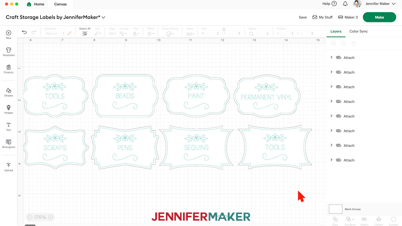 Continue with centering the text designs on the rest of the label shapes and attach them. The eight labels are ready to cut.
