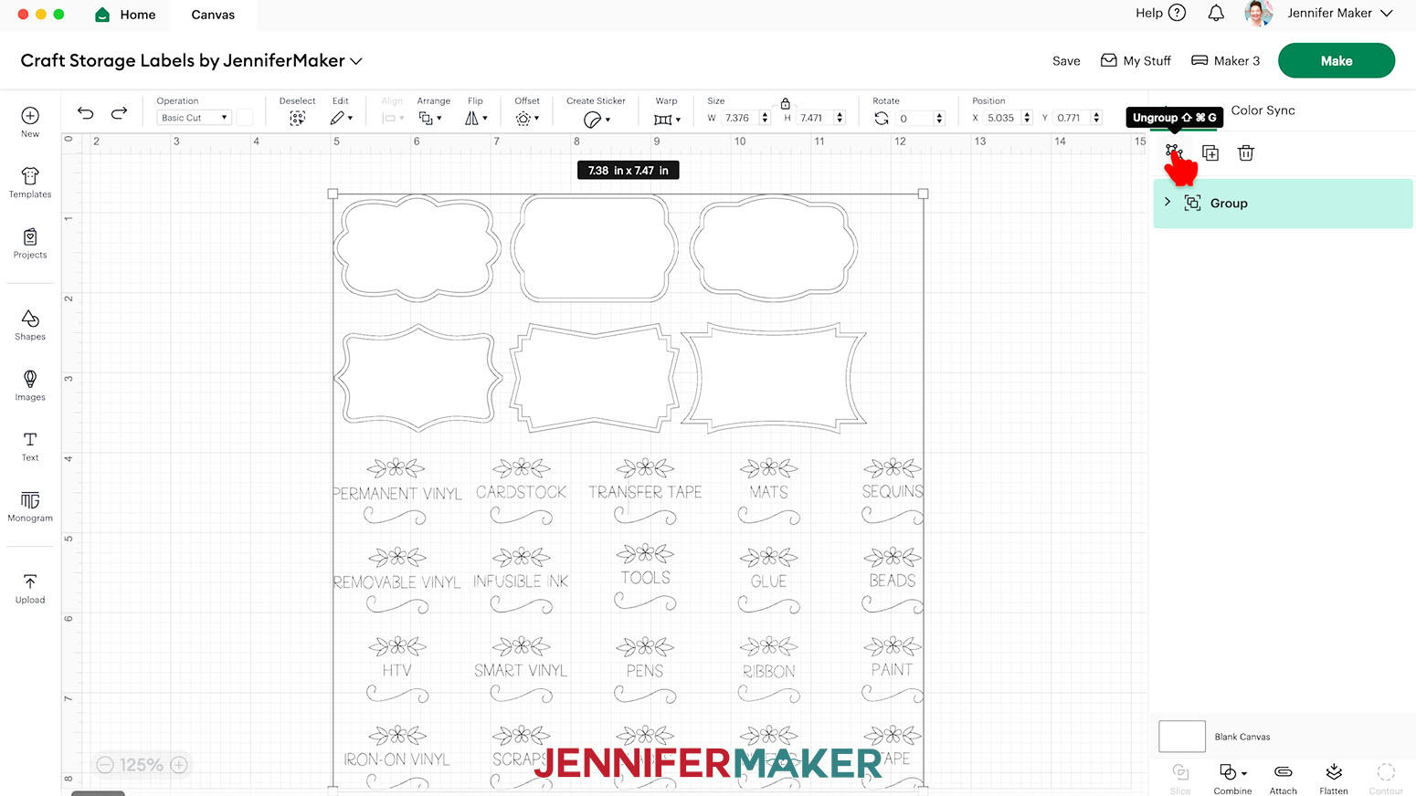 Click the Ungroup icon above the layers panel to separate the element layers in the deisgn.