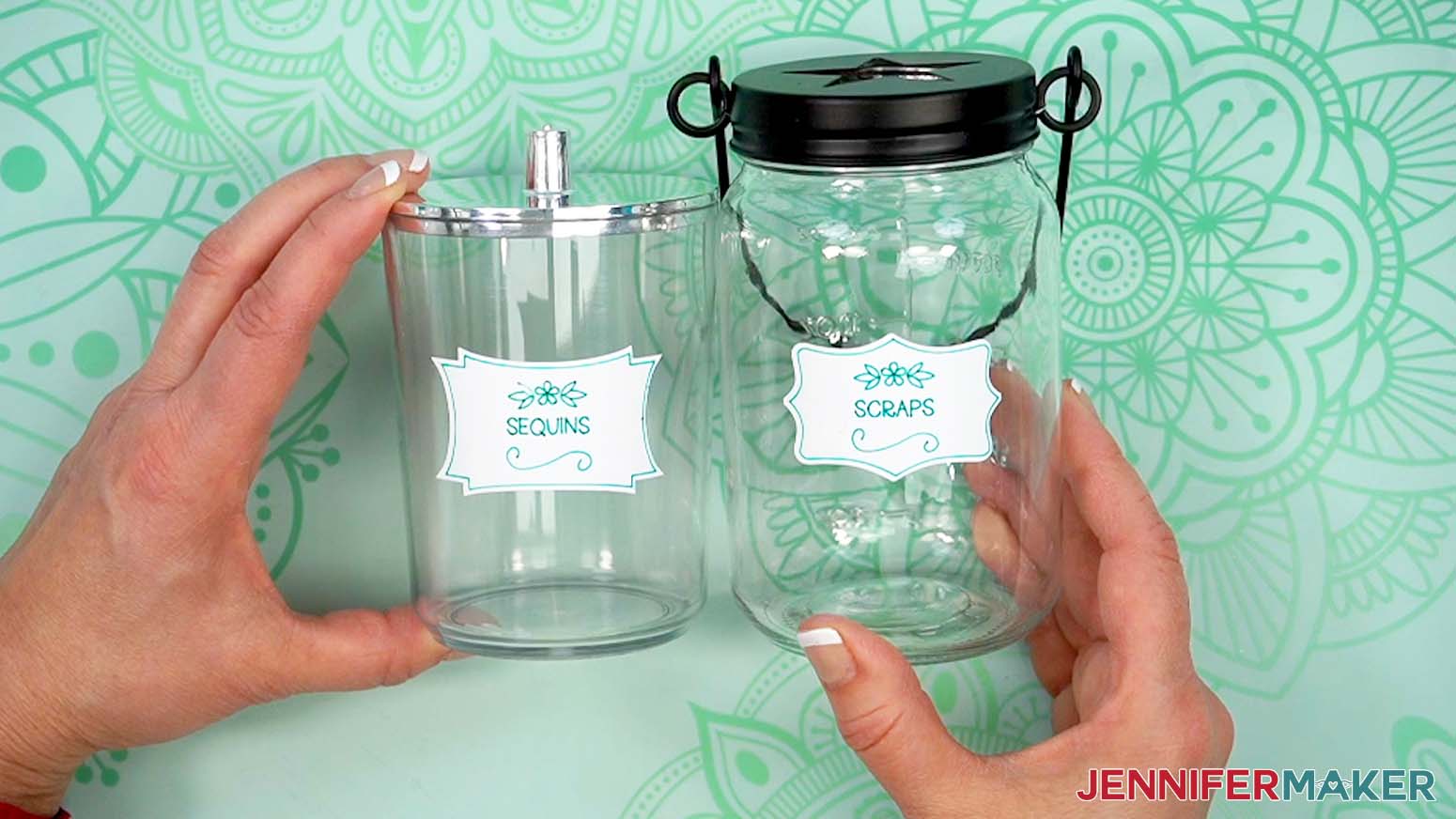 Apply the Sequins and Scraps label to the jars.