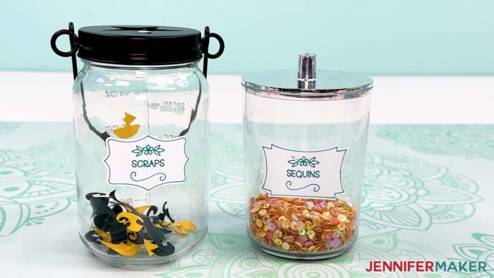 Scraps and Sequins jars displayed with filling.