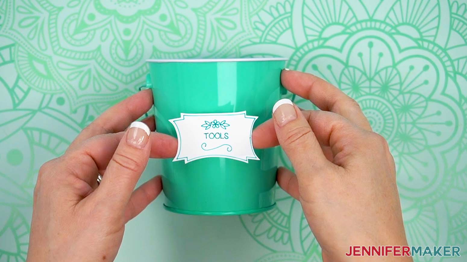 Place the Tools label on a small tin pail.