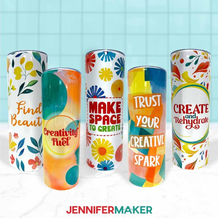 The ready to make sublimation design tumblers are displayed.