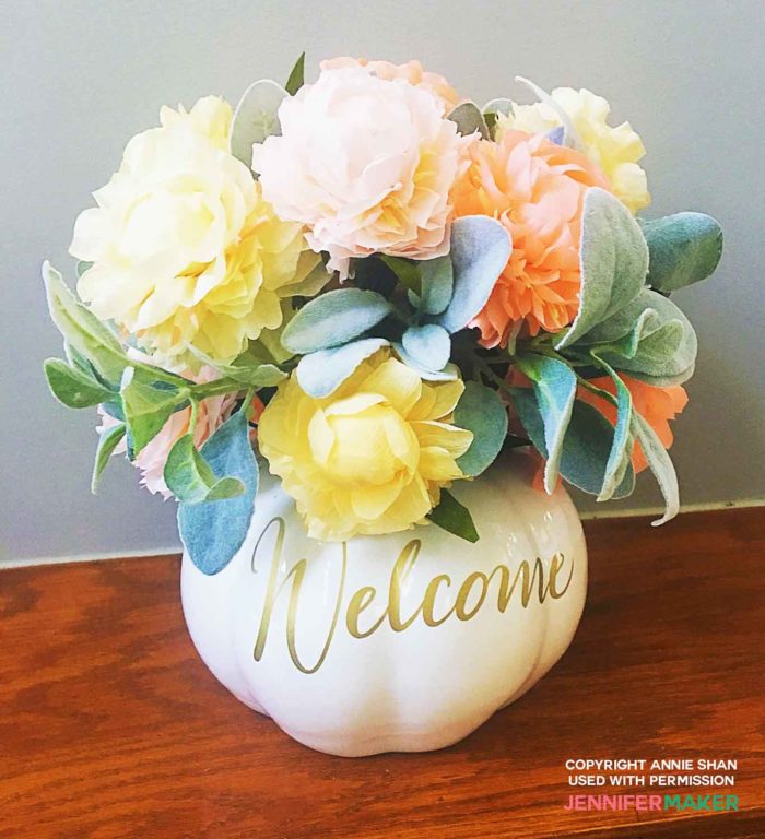 Bouquet of crepe paper peonies in a white vase made with the JenniferMaker tutorial and pattern - Project by Annie Shan