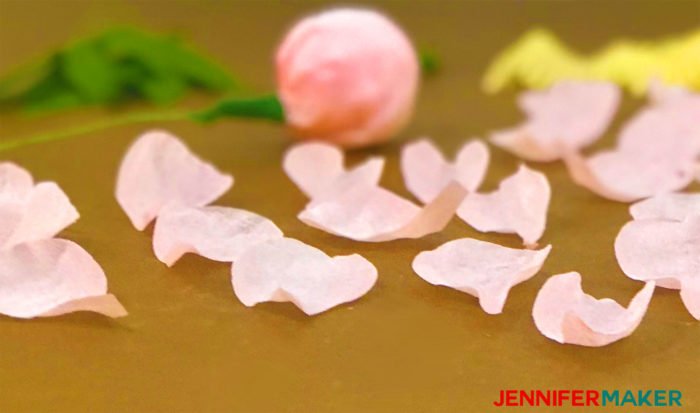 Stretched and cupped crepe paper petals to make crepe paper peony flowers