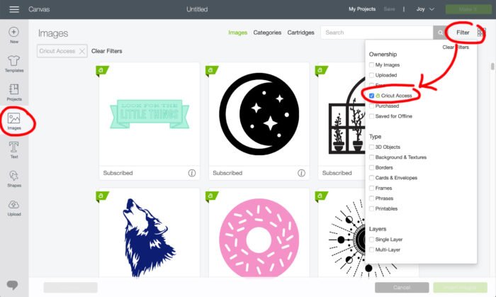 Filtering for Cricut Access images in Design Space