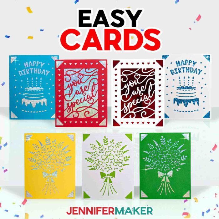 Make easy Cricut Birthday Cards with JenniferMaker's tutorial! A collection of simple layered insert cards sits against a festive confetti backdrop.