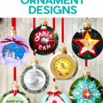 100+ free Cricut Christmas Ornaments you can make with JenniferMaker's tutorials! A collection of eight different Cricut crafted ornaments hang against a light wood background.