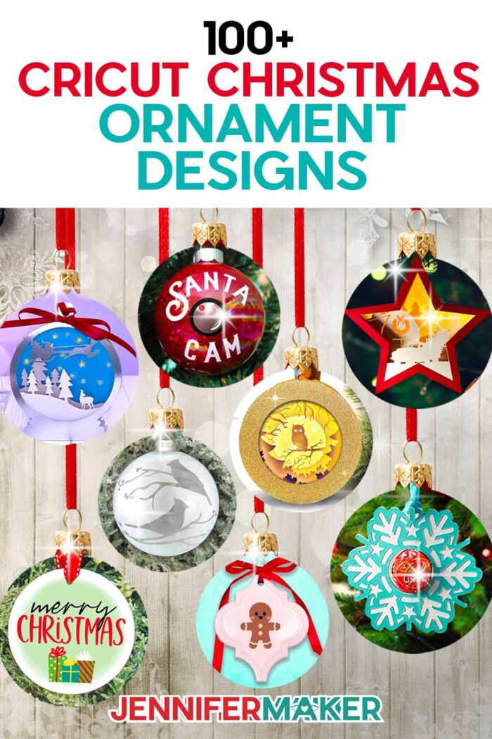 Here are 100+ Cricut Christmas Ornaments you can make with JenniferMaker's tutorials! A collection of eight different Cricut crafted ornaments hang against a light wood background.