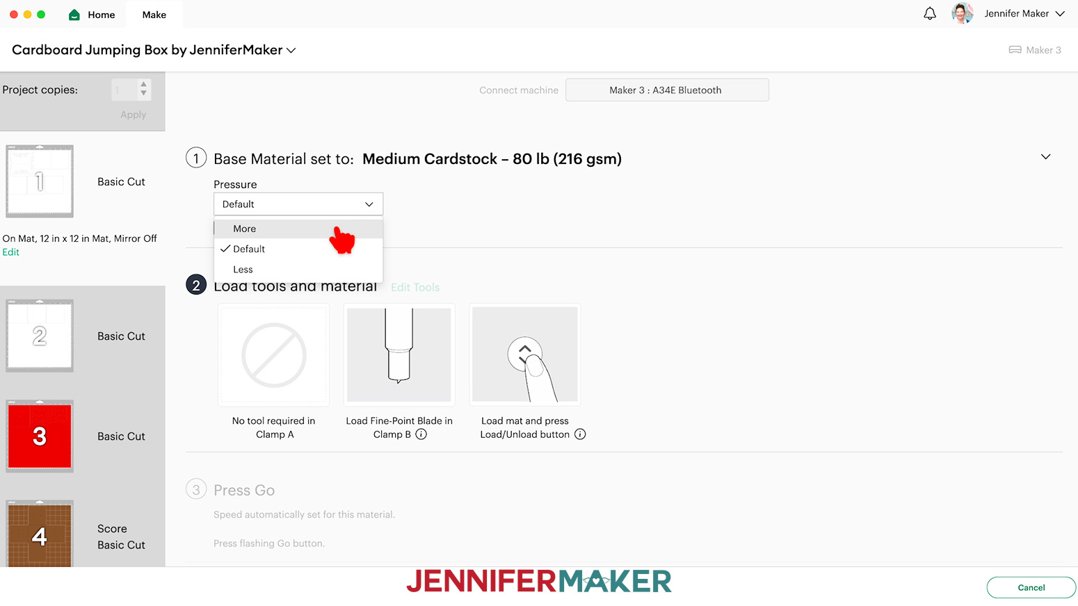 In Cricut Design Space, select the "Medium Cardstock - 80 lb (216 gsm)" setting with More Pressure for the cardboard jumping box 65 lb cardstock pieces