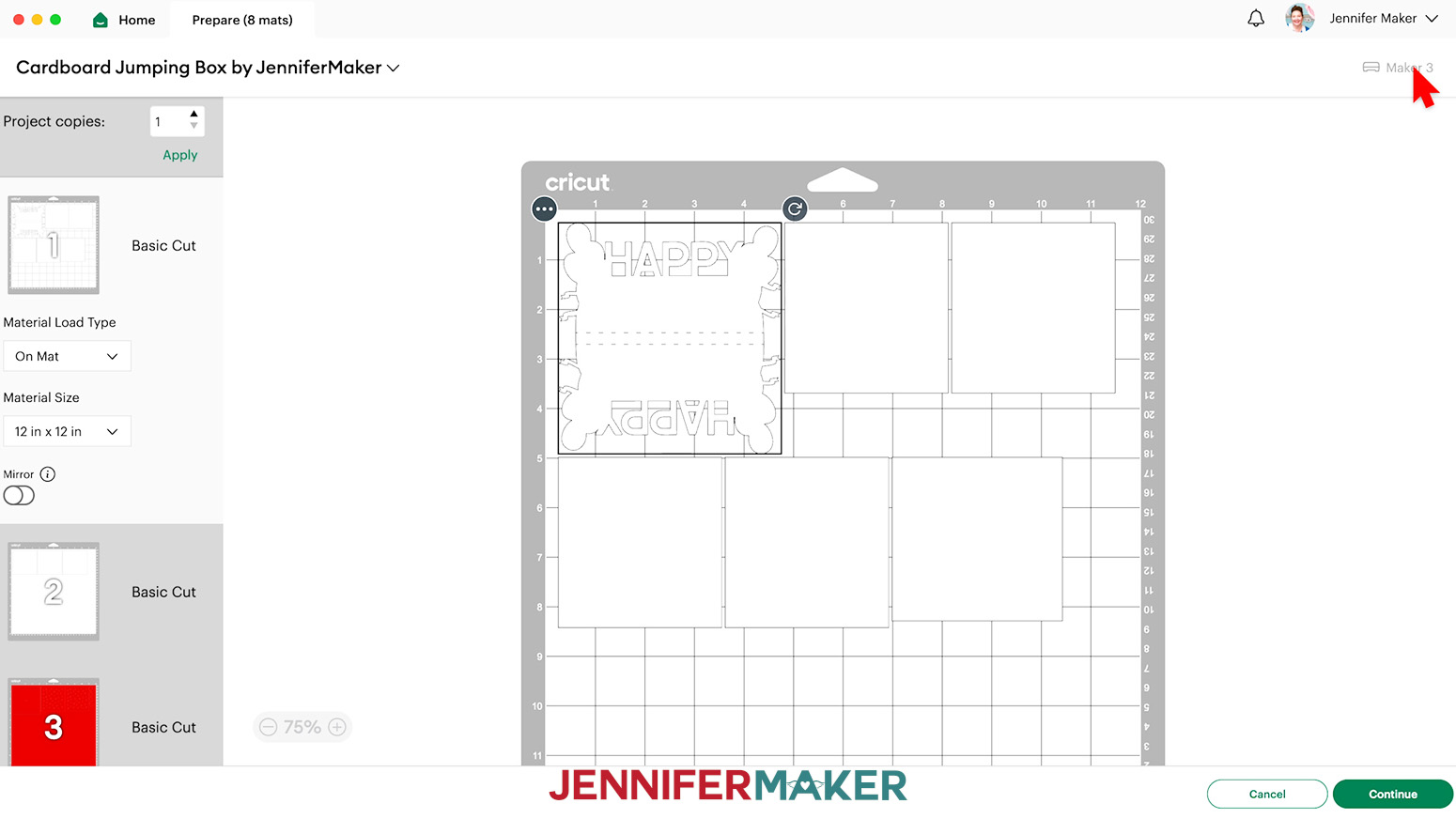 On the Cricut Design Space Prepare screen for the cardboard jumping box, there will be 8 mats