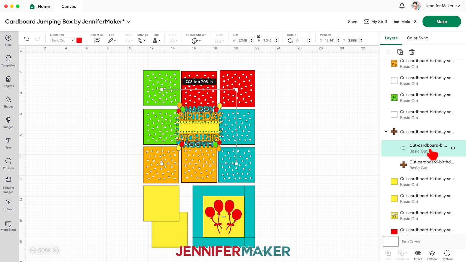 In Cricut Design Space, select the red score line layer grouped with its brown base layer for the cardboard jumping box