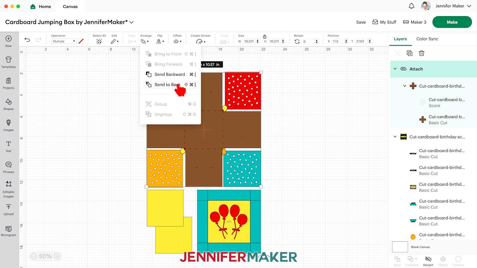In Cricut Design Space, click Arrange and Send to Back to move the newly attached cardboard jumping box score and base layers to the back of the canvas