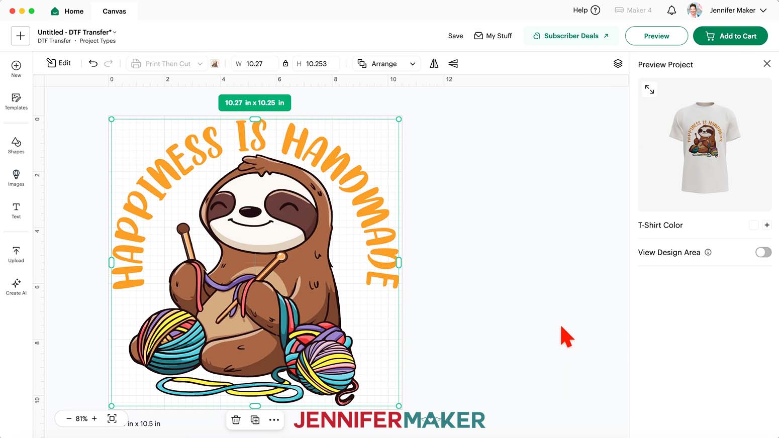 Add the chosen design to the Cricut DTF design Canvas.