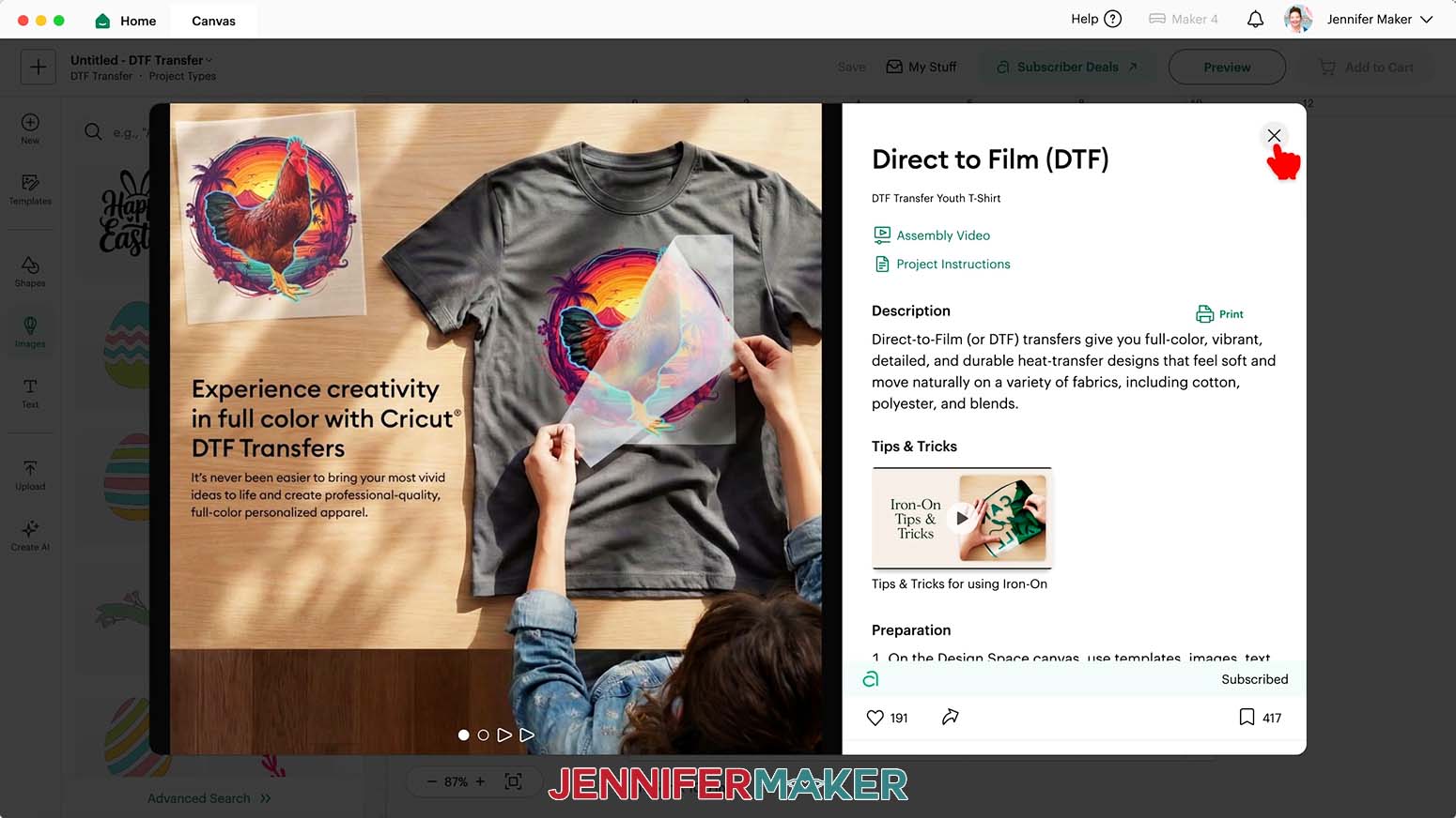 Close the Direct To Film instructions window using the X button to proceed to the Cricut DTF design Canvas.