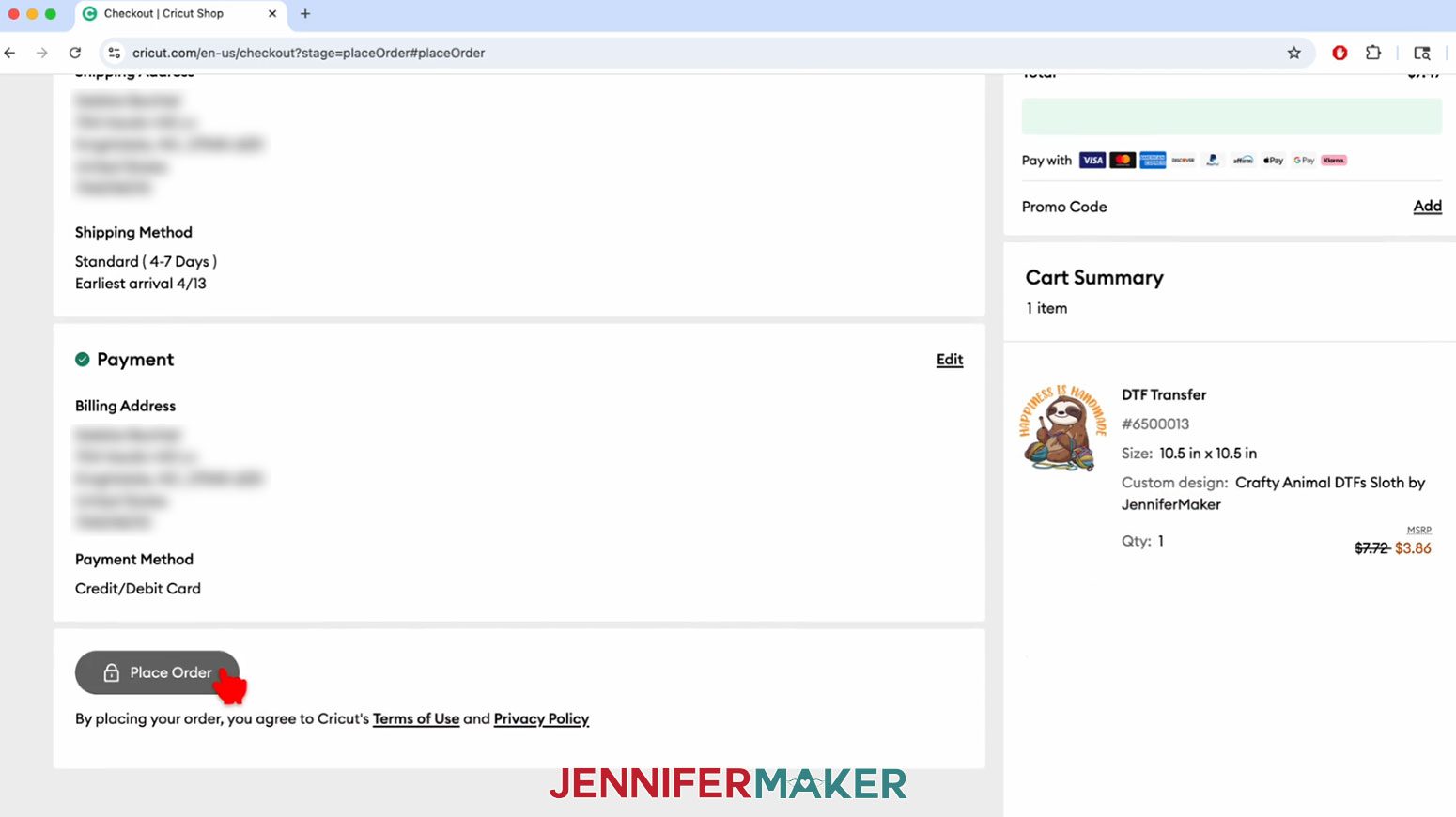 Review billing and shipping information for the Cricut DTF design then click Place Order.