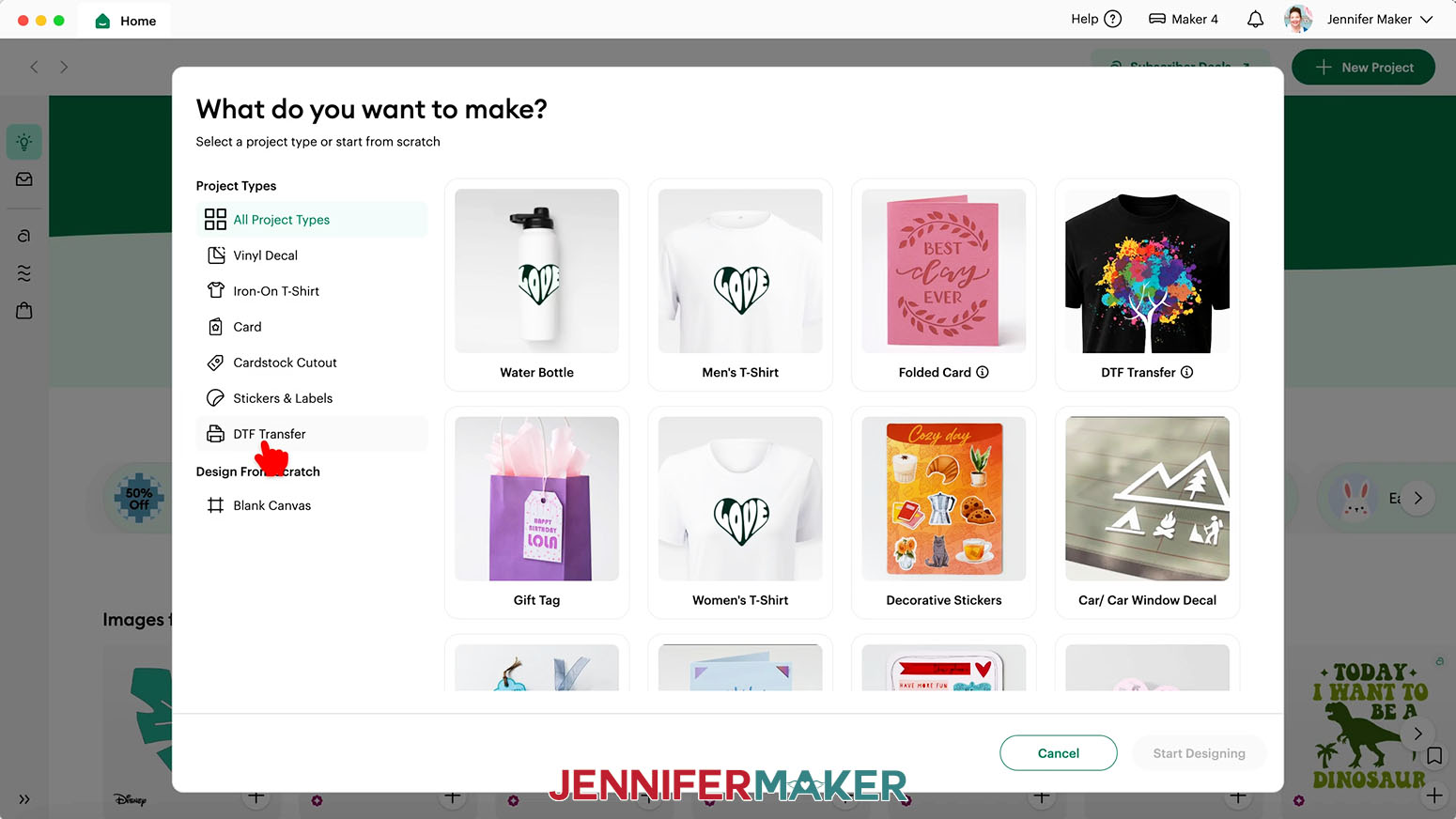 Choose DTF Transfer on the Project Type menu to begin creating a Cricut DTF design order.