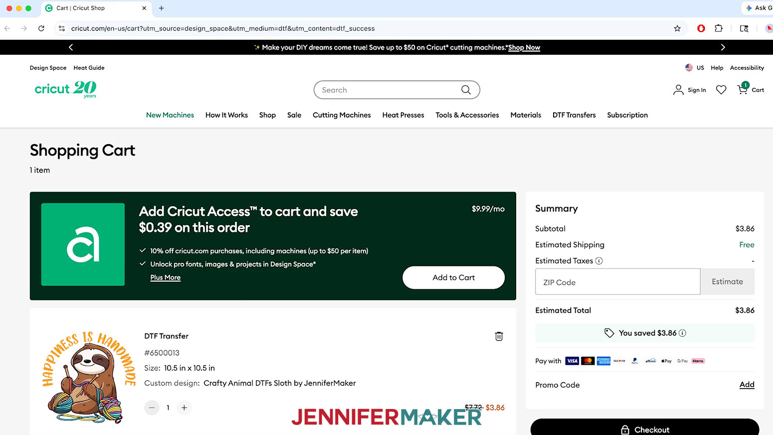 The Cricut website shopping cart will show the Cricut DTF design size and quantity.
