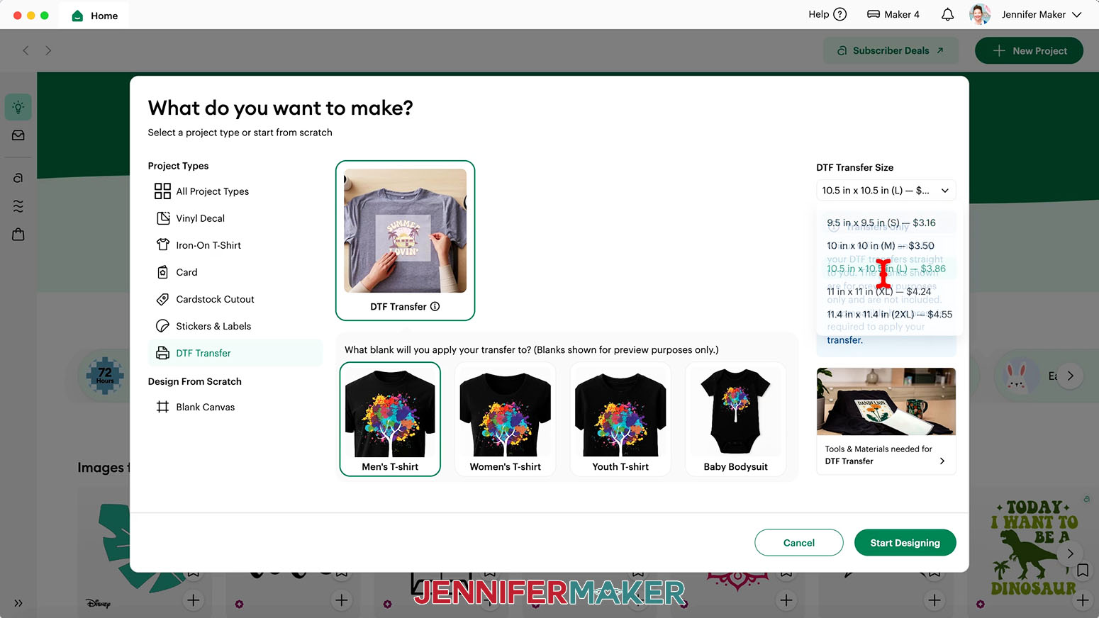 Choose the maximum size needed for the Cricut DTF design.