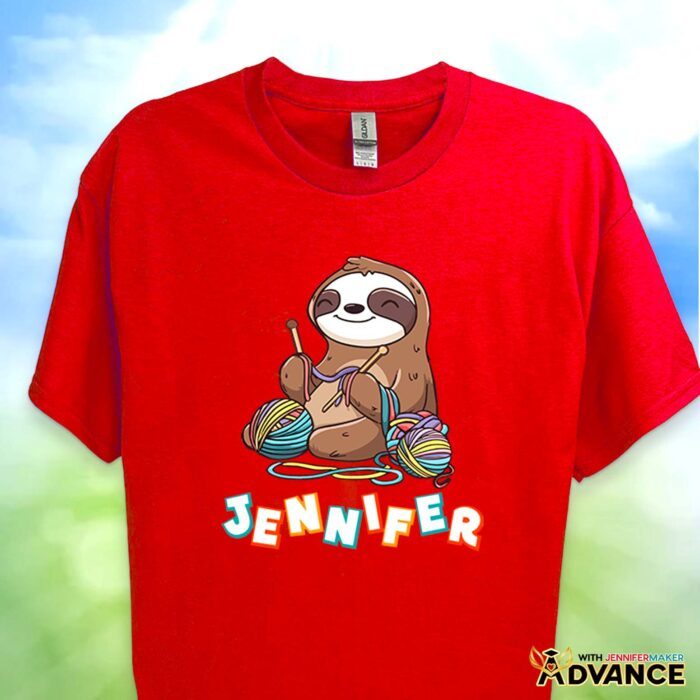 A red T-shirt decorated with one of the Cricut DTF Transfers ordered through Cricut Design Space, featuring a cute crafty sloth design with a "Jennifer" personalization