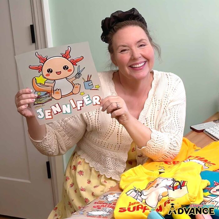 Jennifer Maker shows off one of the Cricut DTF Transfers she ordered from Cricut Design Space, featuring a cute crafting axolotyl design and a "Jennifer" personalization, part of the ADVANCE tutorial