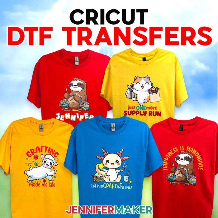 Five colorful T-shirts decorated with Cricut DTF Transfers of crafty animals