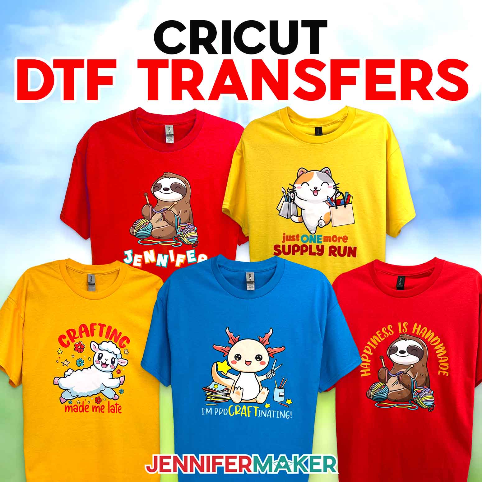 Five colorful T-shirts decorated with Cricut DTF Transfers of crafty animals