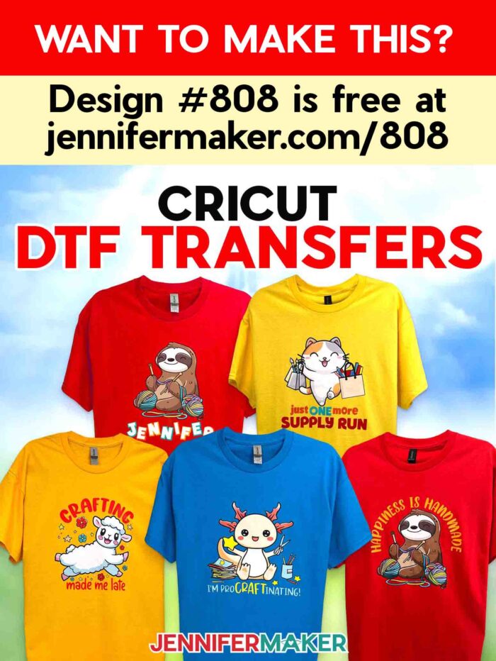 A collection of T-shirts decorated with Cricut DTF Transfers ordered through Cricut Design Space, featuring cute crafty animal designs. Want to make this? Design #808 is free at jennifermaker.com/808