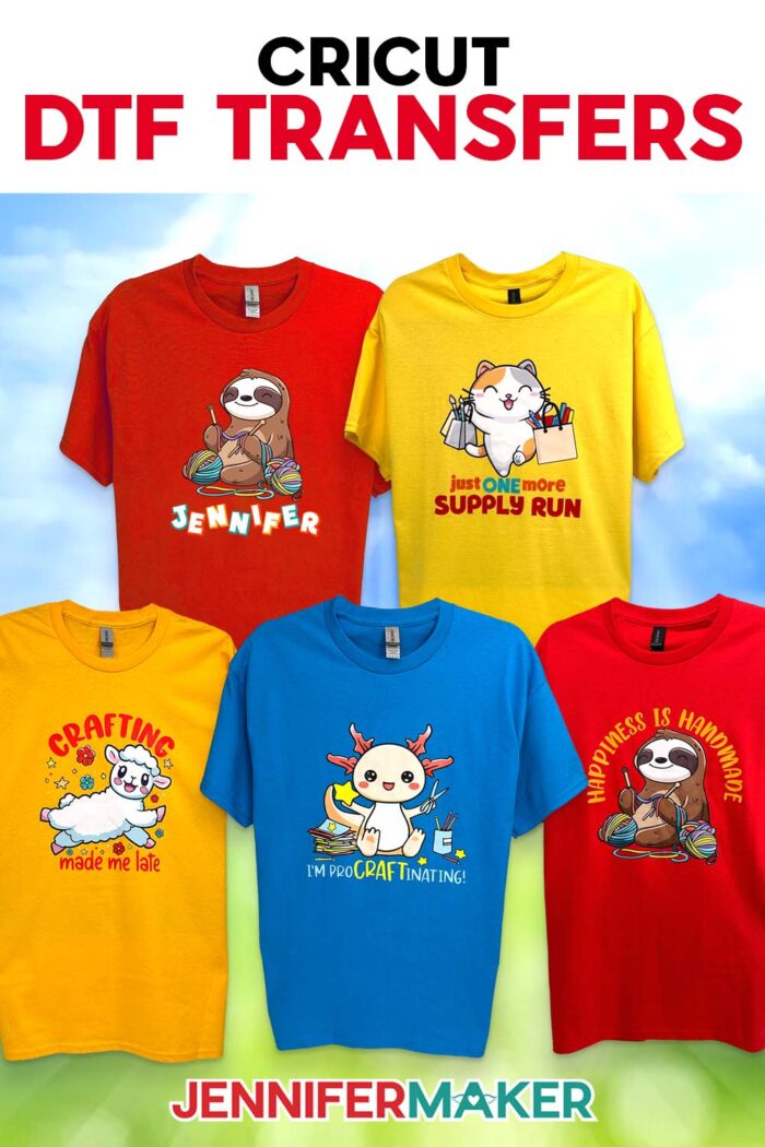 A collection of T-shirts decorated with Cricut DTF Transfers ordered through Cricut Design Space, featuring cute crafty animal designs. Make your own with the free tutorial and designs