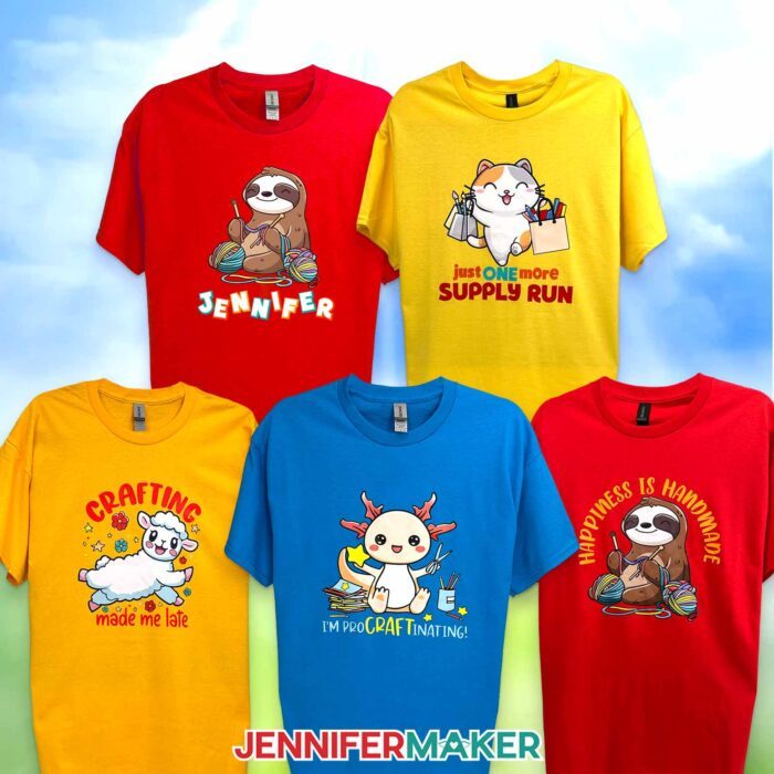 A collection of T-shirts decorated with Cricut DTF Transfers ordered through Cricut Design Space, featuring cute crafty animal designs