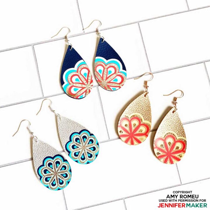 Cricut Earring Designs with Layered Mandala Iron-on Vinyl over Faux Leather Teardrops