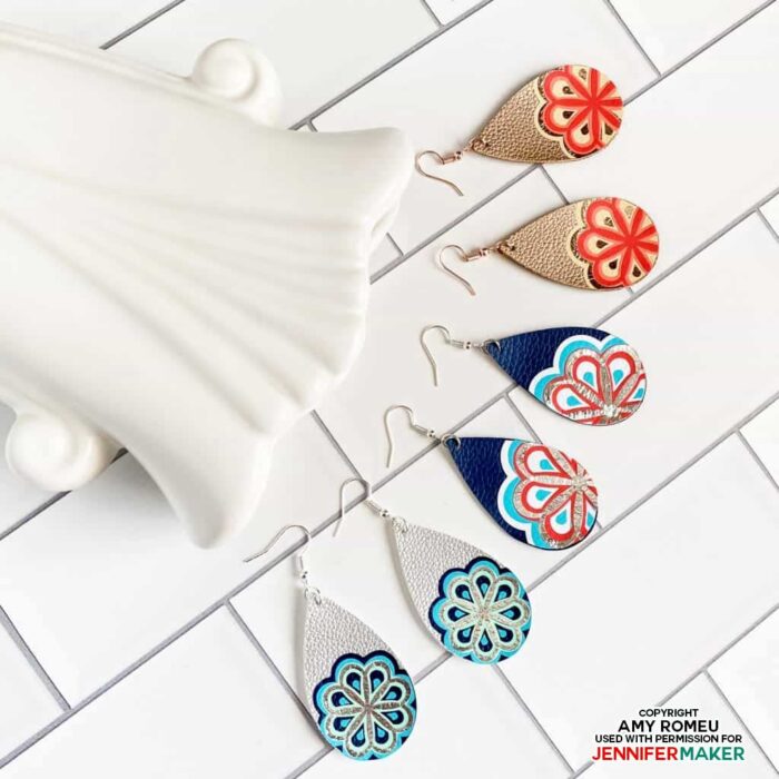 Cricut Earring Designs with Layered Mandala Iron-on Vinyl over Faux Leather Teardrops