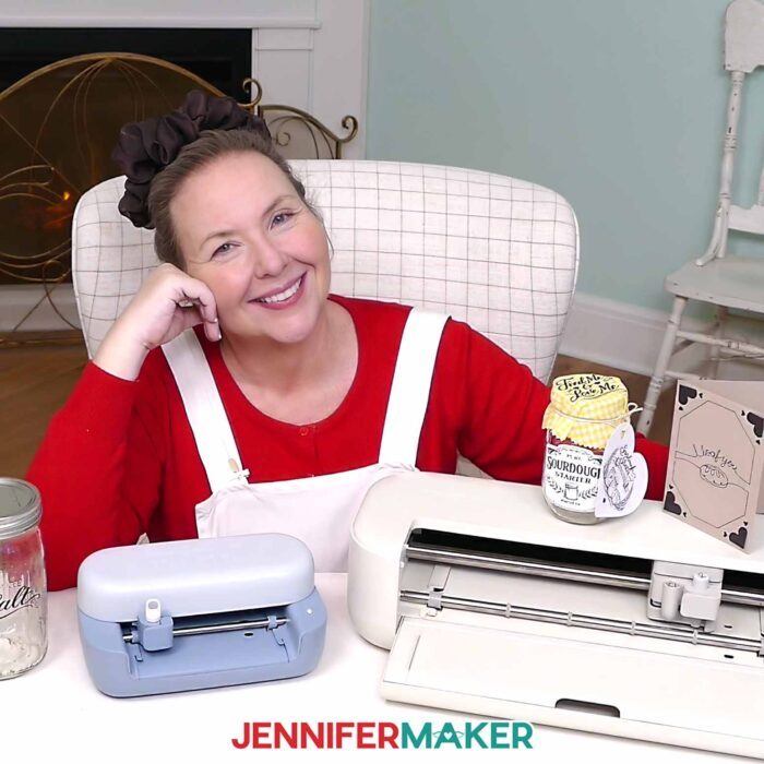 Jennifer Maker with projects made using the nearby Cricut Joy 2 and Cricut Explore 5.
