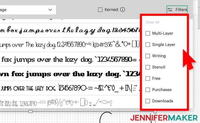 The Filters menu lets you further refine the results of the Cricut fonts list