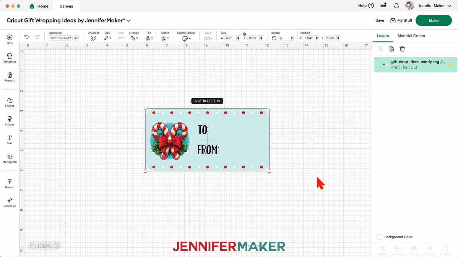 Add a candy canes Gift Label to the Canvas in Cricut Design Space in the Cricut Gift Wrapping Ideas project.