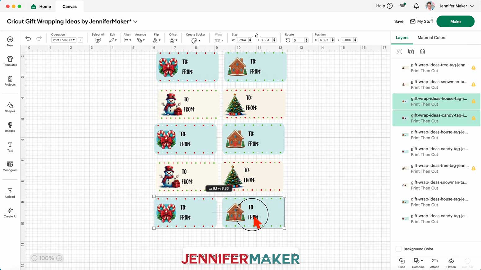 Duplicate the Print Then Cut Gift Labels until you have your desired number in the Cricut Gift Wrapping Ideas project.