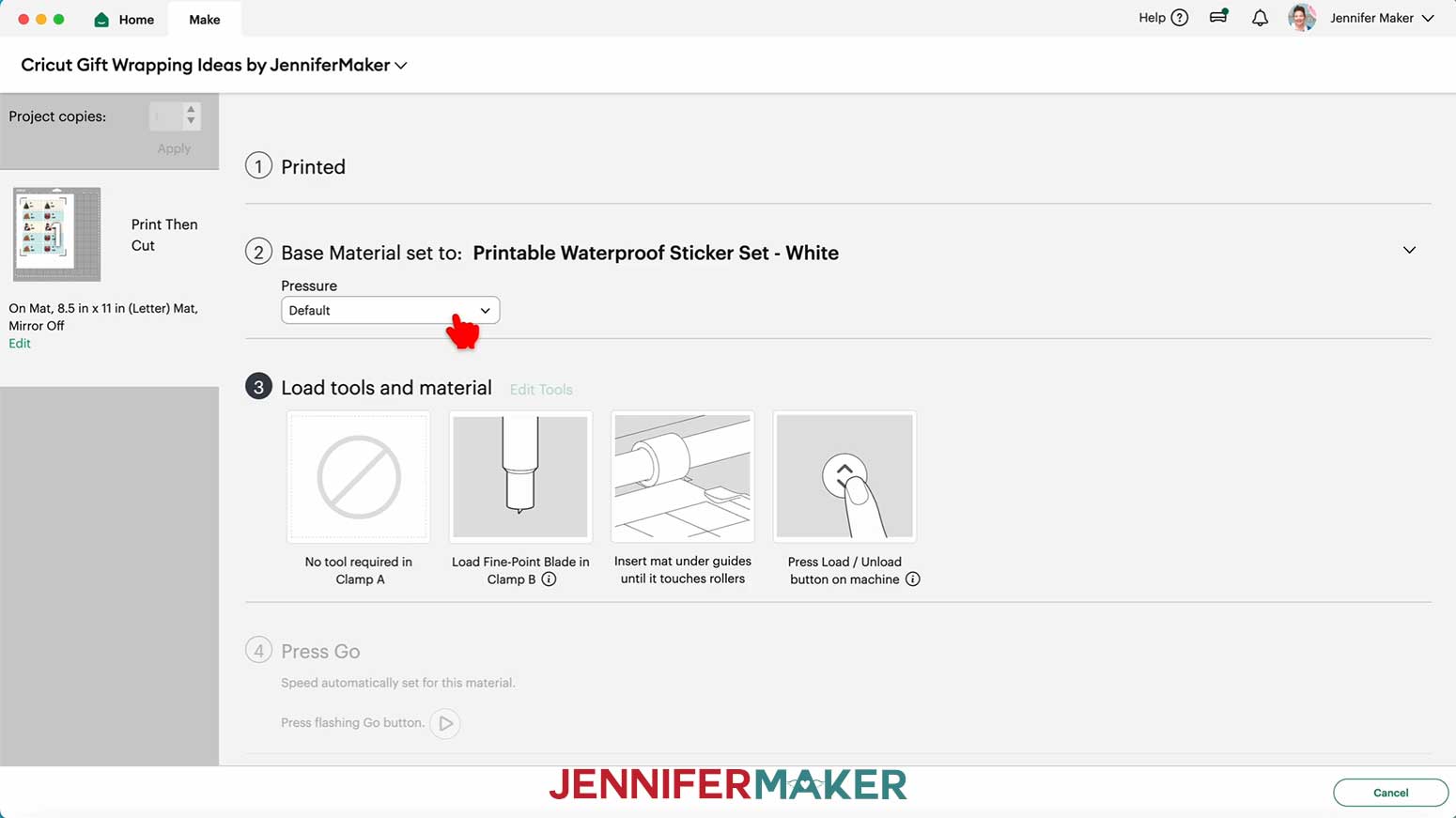 Set the Base Material to Printable Waterproof Sticker Set - White with Default Pressure in Cricut Design Space for the Print Then Cut Gift Labels in the Cricut Gift Wrapping Ideas project.